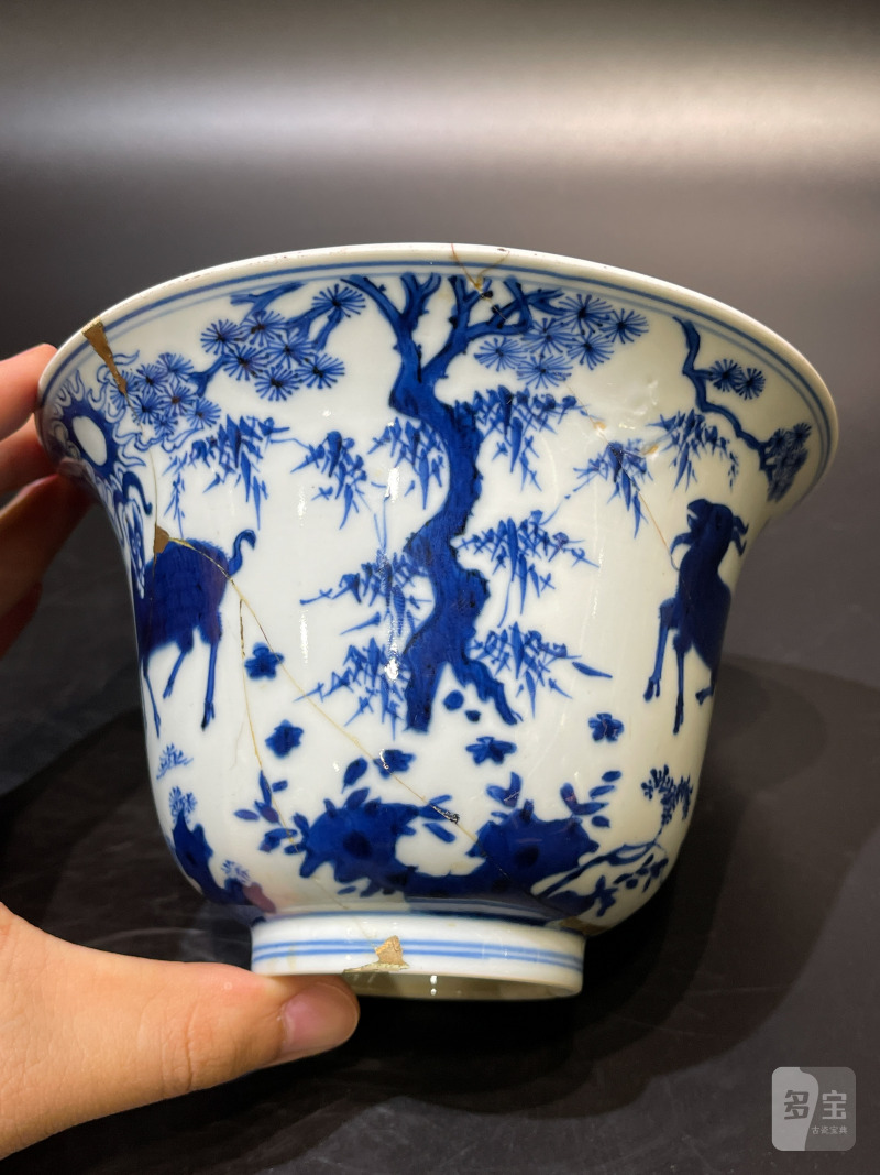 清康熙 青花三羊开泰仰钟碗 - 图3